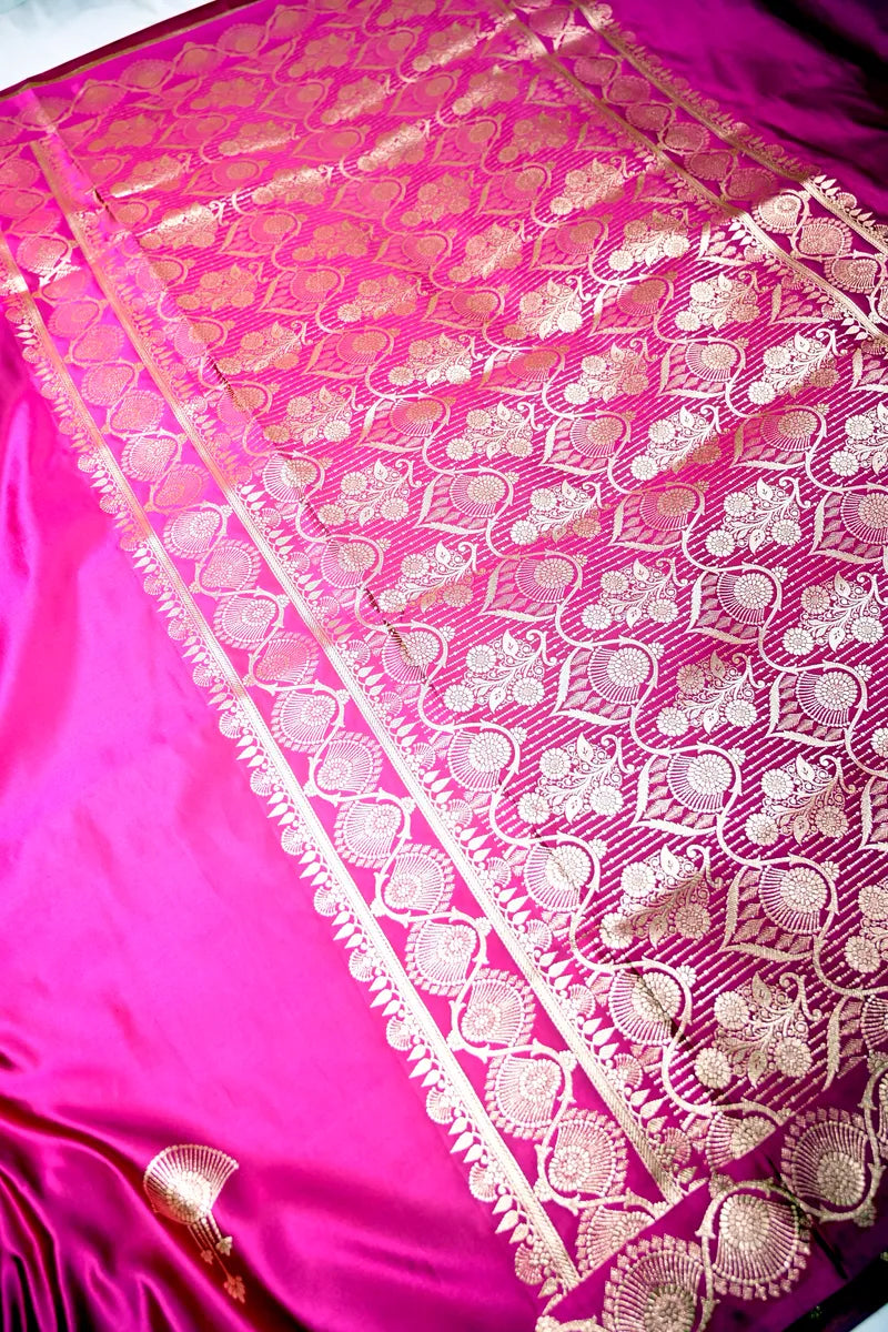 Rani Pink Banarasi Silk Saree with Antique Golden Motif Border (RLSS-278)
