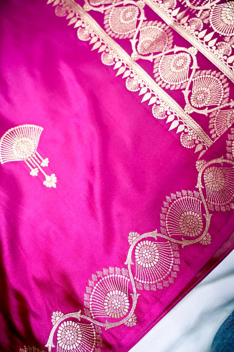 Rani Pink Banarasi Silk Saree with Antique Golden Motif Border (RLSS-278)