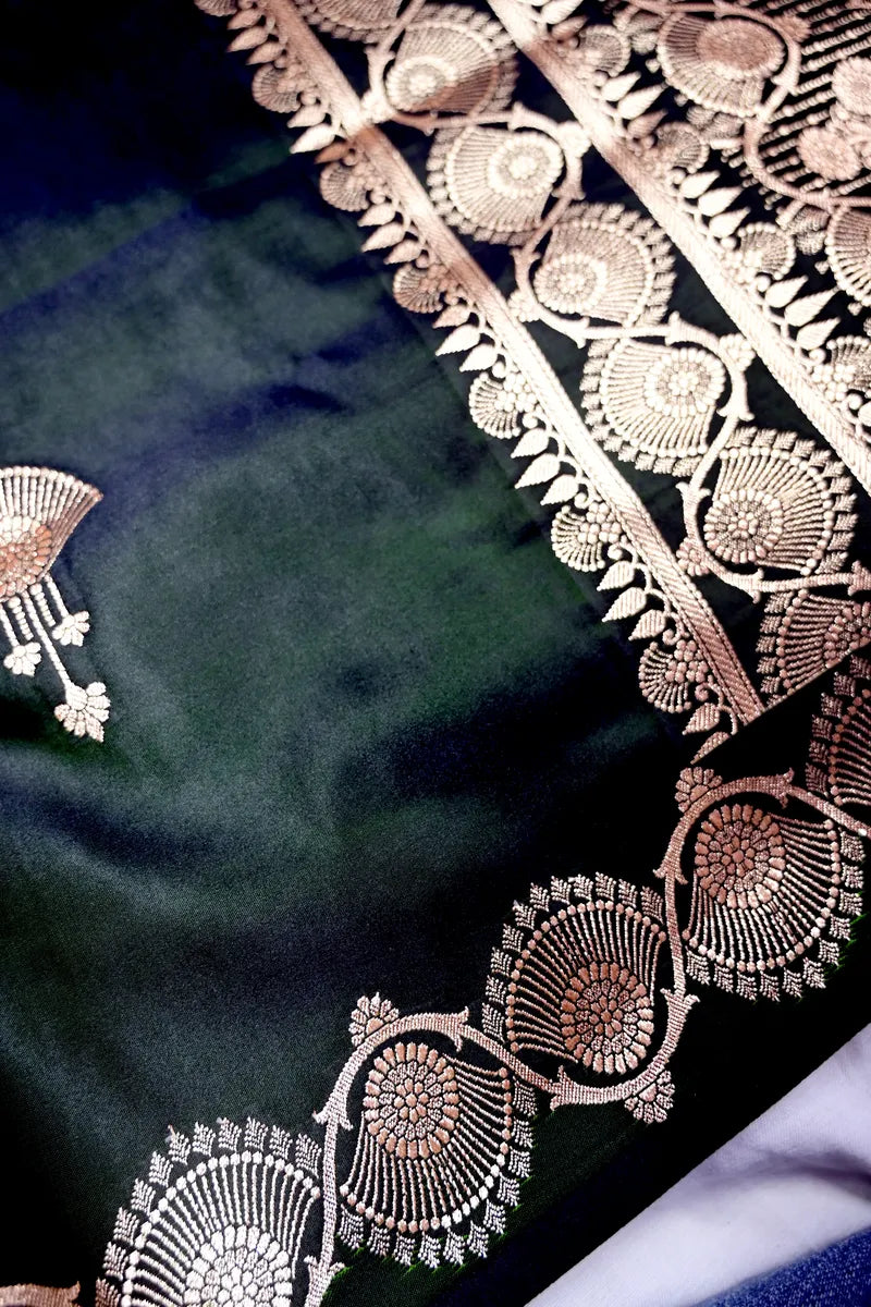 Bottle Green Banarasi Silk Saree with Antique Golden Motif Border (RLSS-279)
