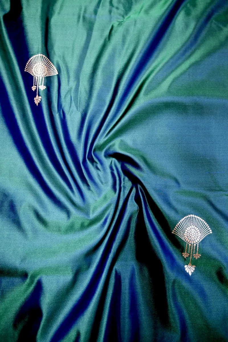 Peacock Teal Green Banarasi  Silk Saree with Antique Golden Motif Border (RLSS-280)
