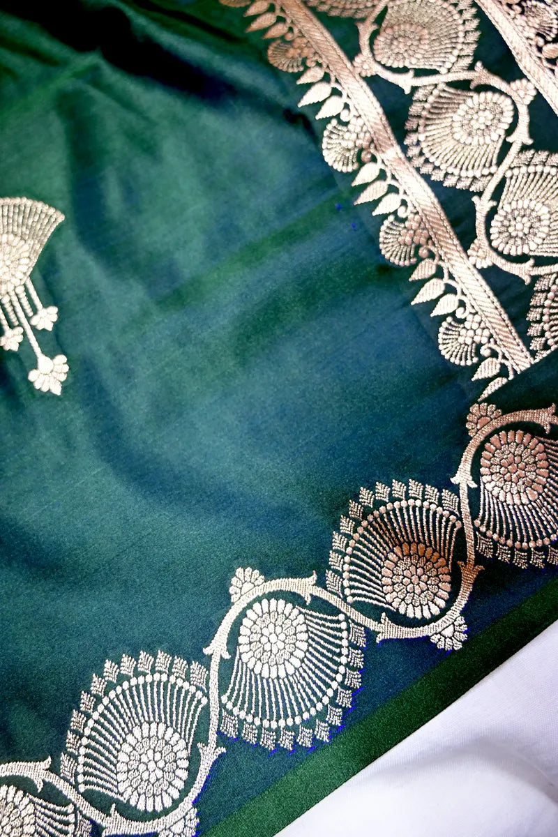 Peacock Teal Green Banarasi  Silk Saree with Antique Golden Motif Border (RLSS-280)