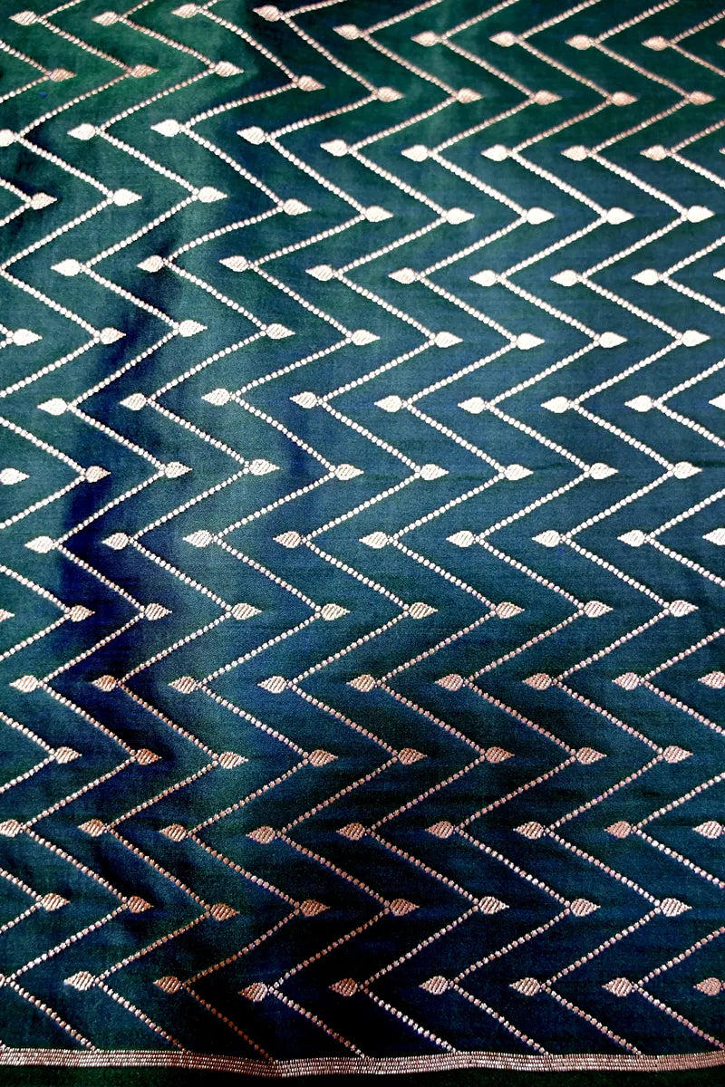 Peacock Teal Green Banarasi  Silk Saree with Antique Golden Motif Border (RLSS-280)