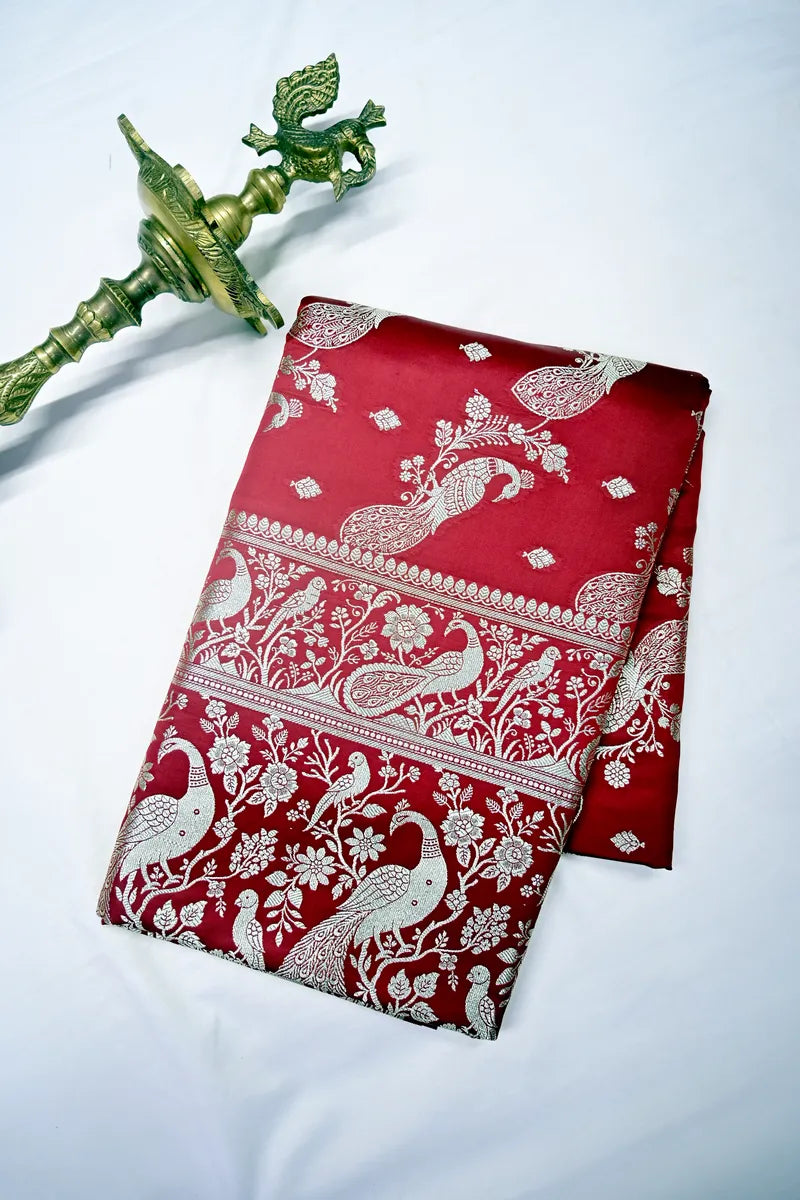 Brick Red Banarasi Silk Saree with Silver Zari Mayur (Peacock) Jaal(RLSS-289)