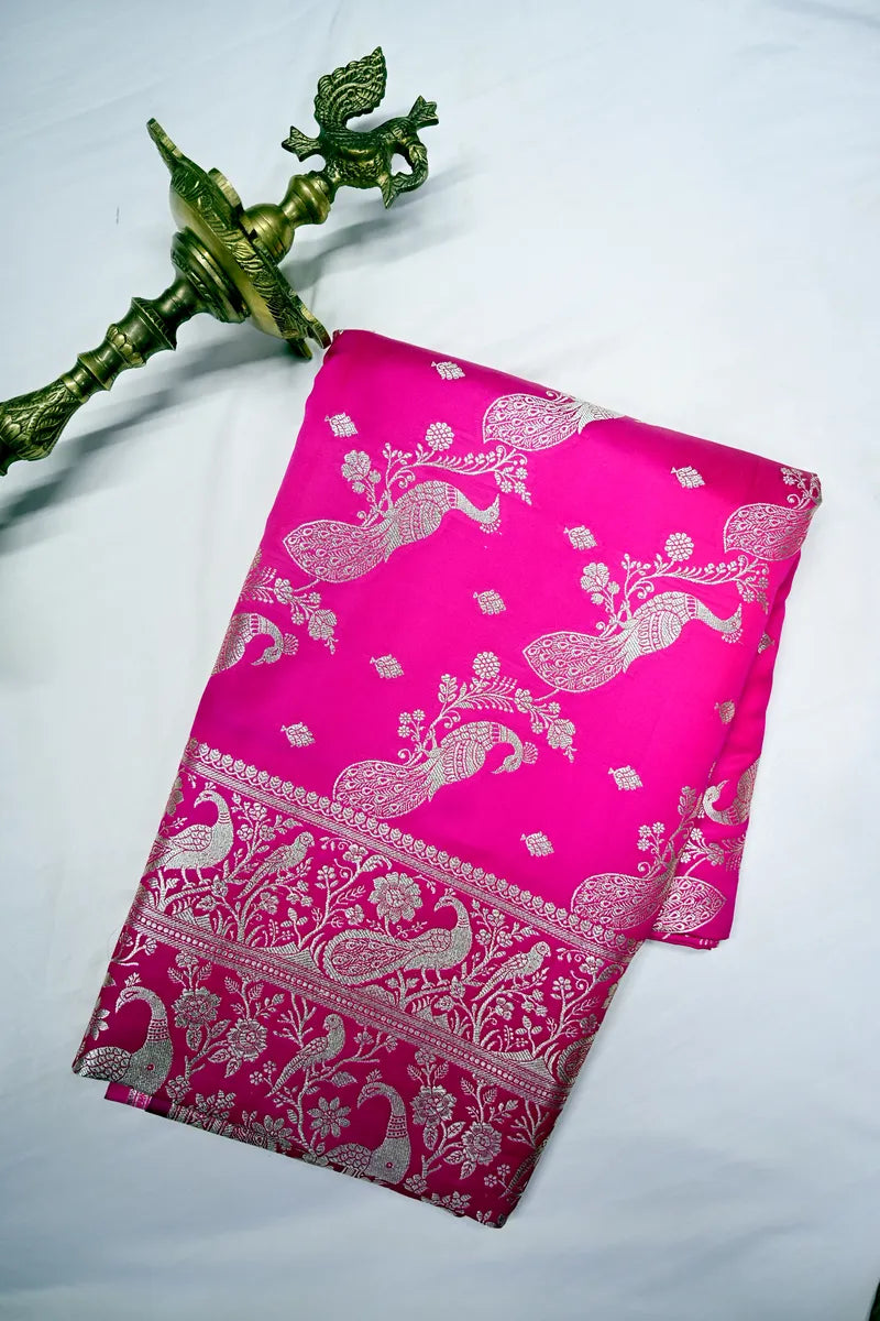 Rani Pink Banarasi Silk Saree with Silver Zari Mayur (Peacock) Jaal(RLSS-283)