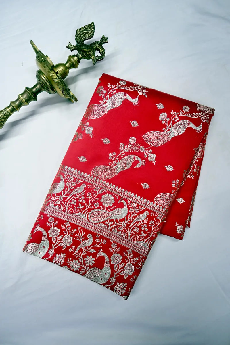 Scarlet Red Banarasi Silk Saree with Silver Zari Peacock (Mayur) Jaal (RLSS-282)