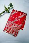 Scarlet Red Banarasi Silk Saree with Silver Zari Peacock (Mayur) Jaal (RLSS-282)