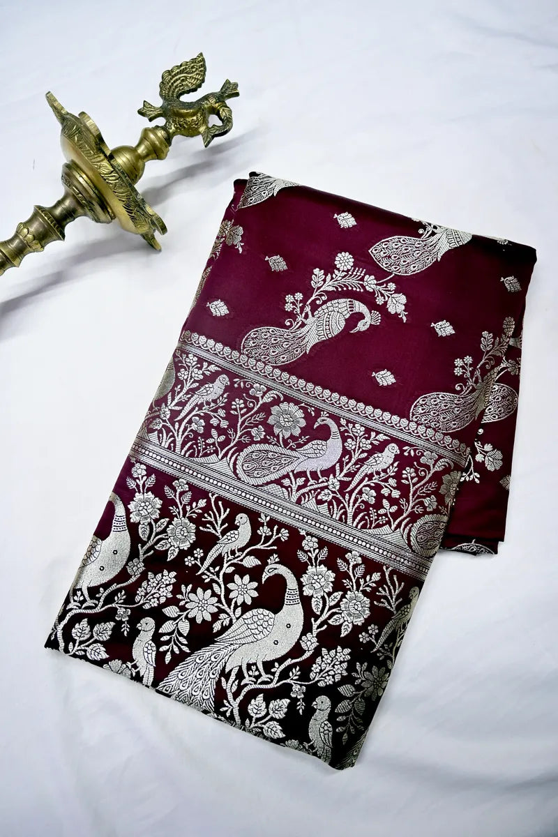 Royal Wine Banarasi Silk Saree with Golden Zari Mayur (Peacock) Jaal (RLSS-281)