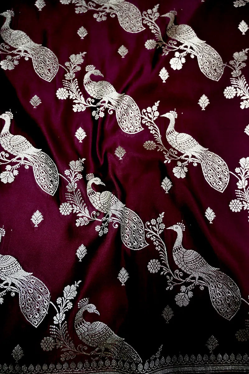 Royal Wine Banarasi Silk Saree with Golden Zari Mayur (Peacock) Jaal (RLSS-281)