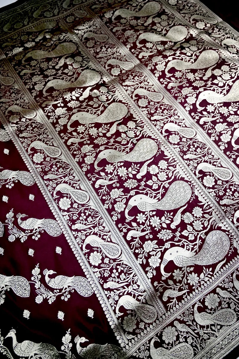 Royal Wine Banarasi Silk Saree with Golden Zari Mayur (Peacock) Jaal (RLSS-281)