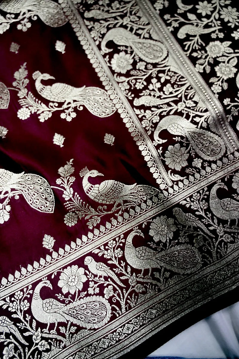 Royal Wine Banarasi Silk Saree with Golden Zari Mayur (Peacock) Jaal (RLSS-281)