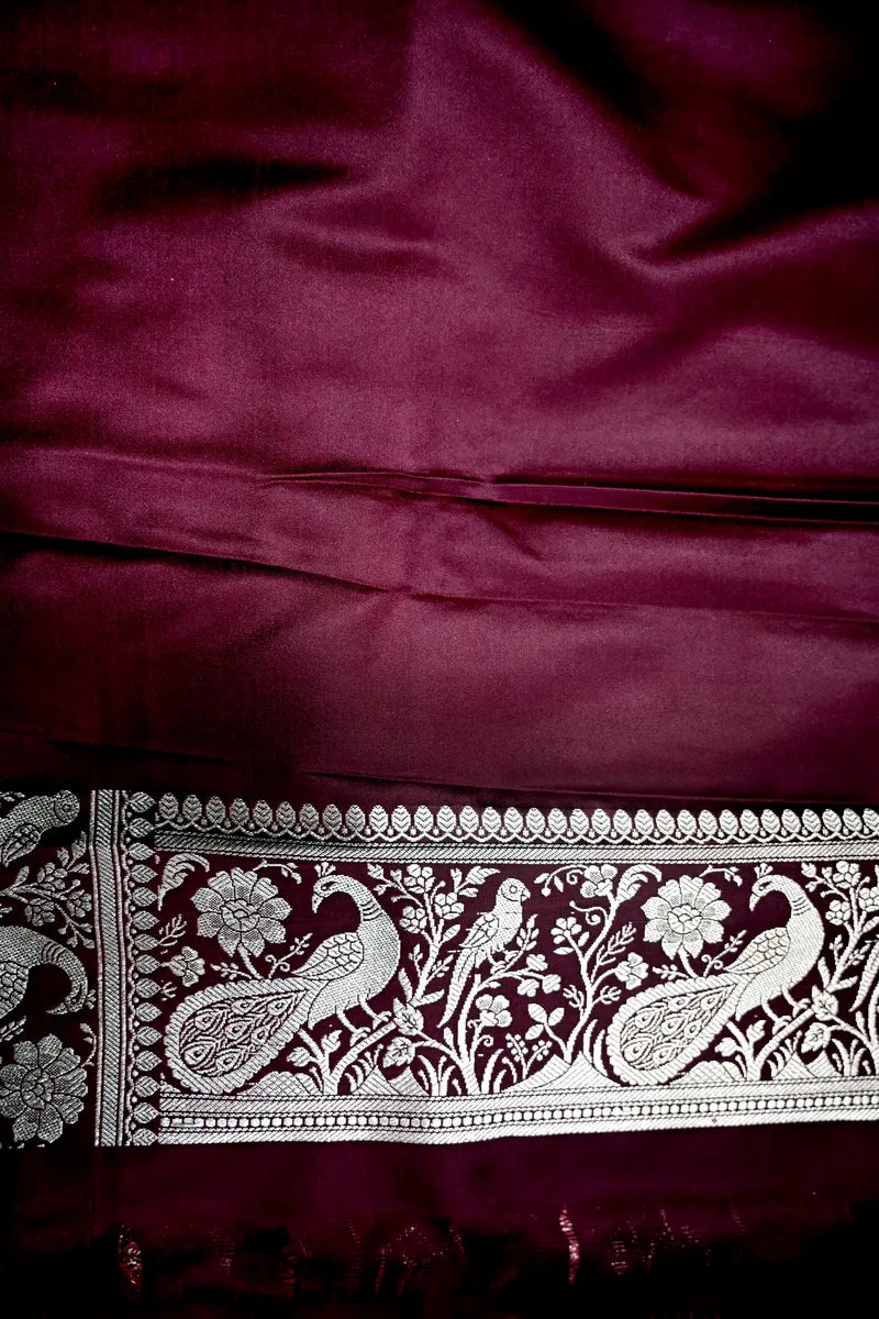 Royal Wine Banarasi Silk Saree with Golden Zari Mayur (Peacock) Jaal (RLSS-281)