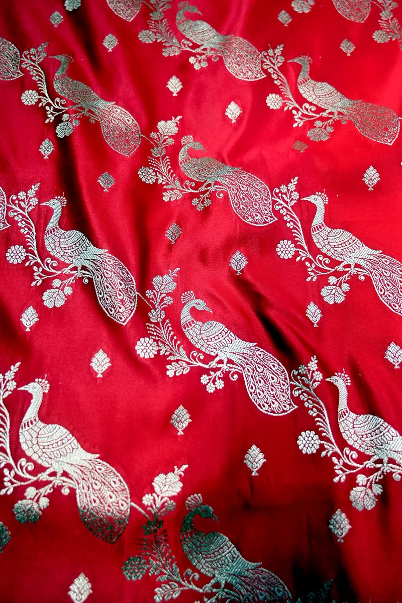 Scarlet Red Banarasi Silk Saree with Silver Zari Peacock (Mayur) Jaal (RLSS-282)