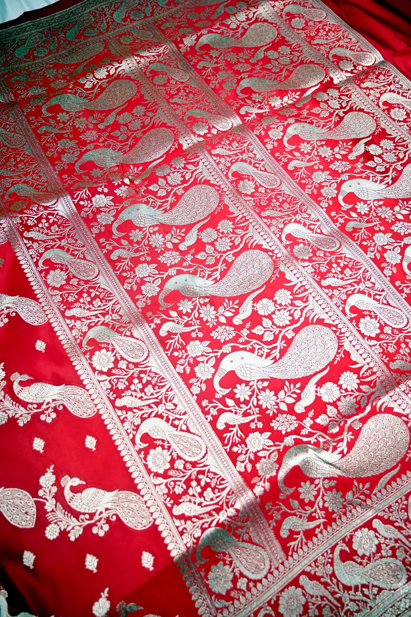 Scarlet Red Banarasi Silk Saree with Silver Zari Peacock (Mayur) Jaal (RLSS-282)