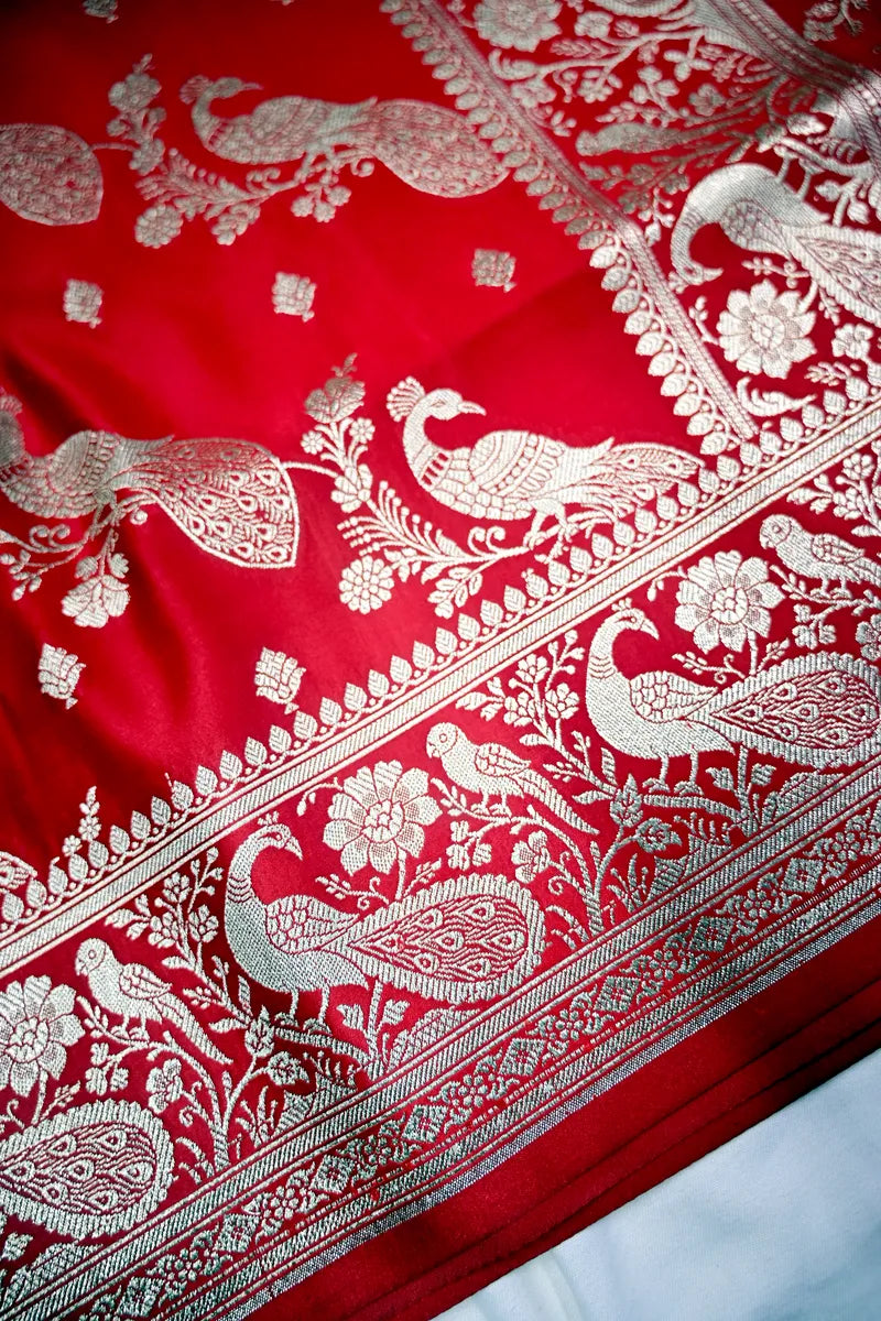 Scarlet Red Banarasi Silk Saree with Silver Zari Peacock (Mayur) Jaal (RLSS-282)