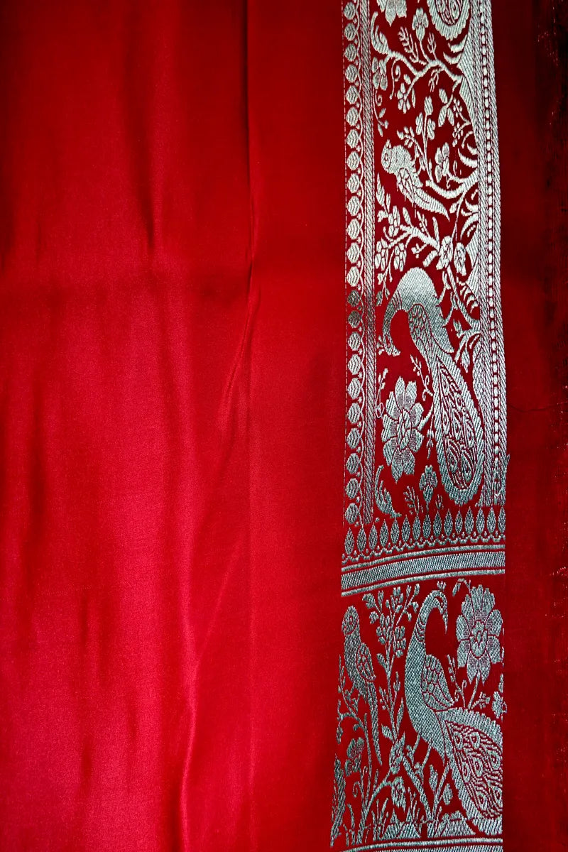 Scarlet Red Banarasi Silk Saree with Silver Zari Peacock (Mayur) Jaal (RLSS-282)