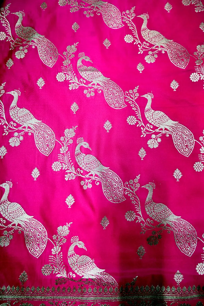 Rani Pink Banarasi Silk Saree with Silver Zari Mayur (Peacock) Jaal(RLSS-283)