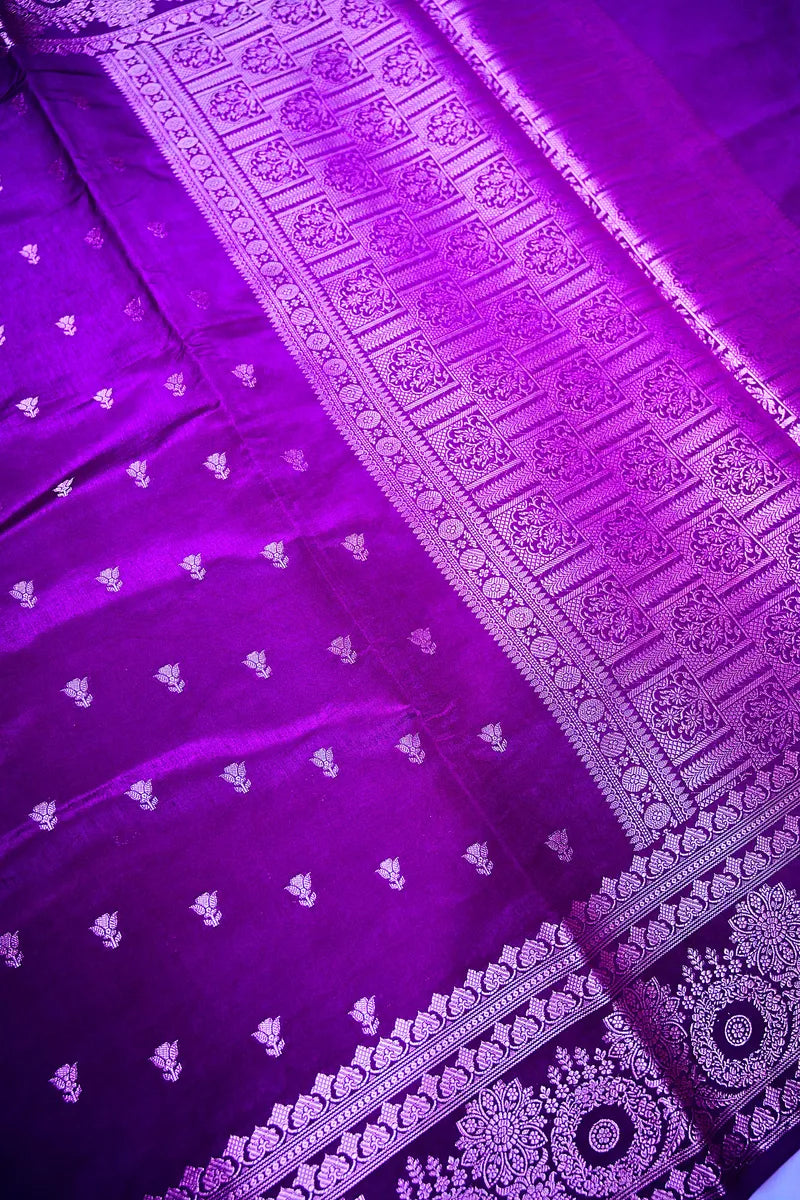 Deep Purple Banarasi Silk Saree with Silver Zari Floral Bootis & Mandala Border(RLSS-235)