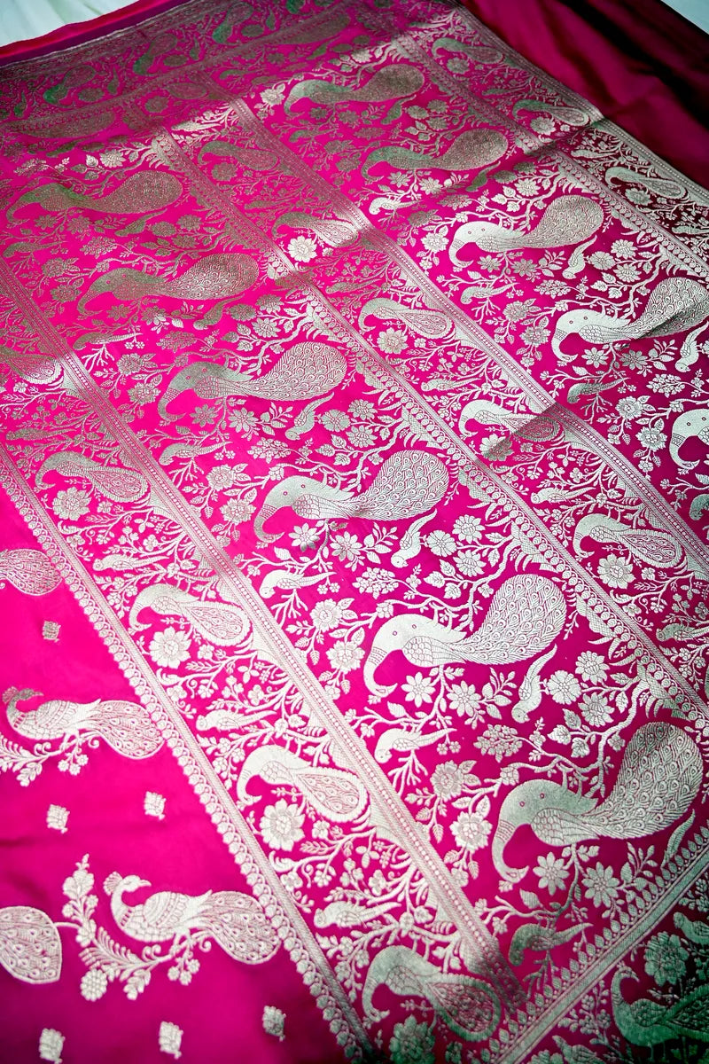 Rani Pink Banarasi Silk Saree with Silver Zari Mayur (Peacock) Jaal(RLSS-283)
