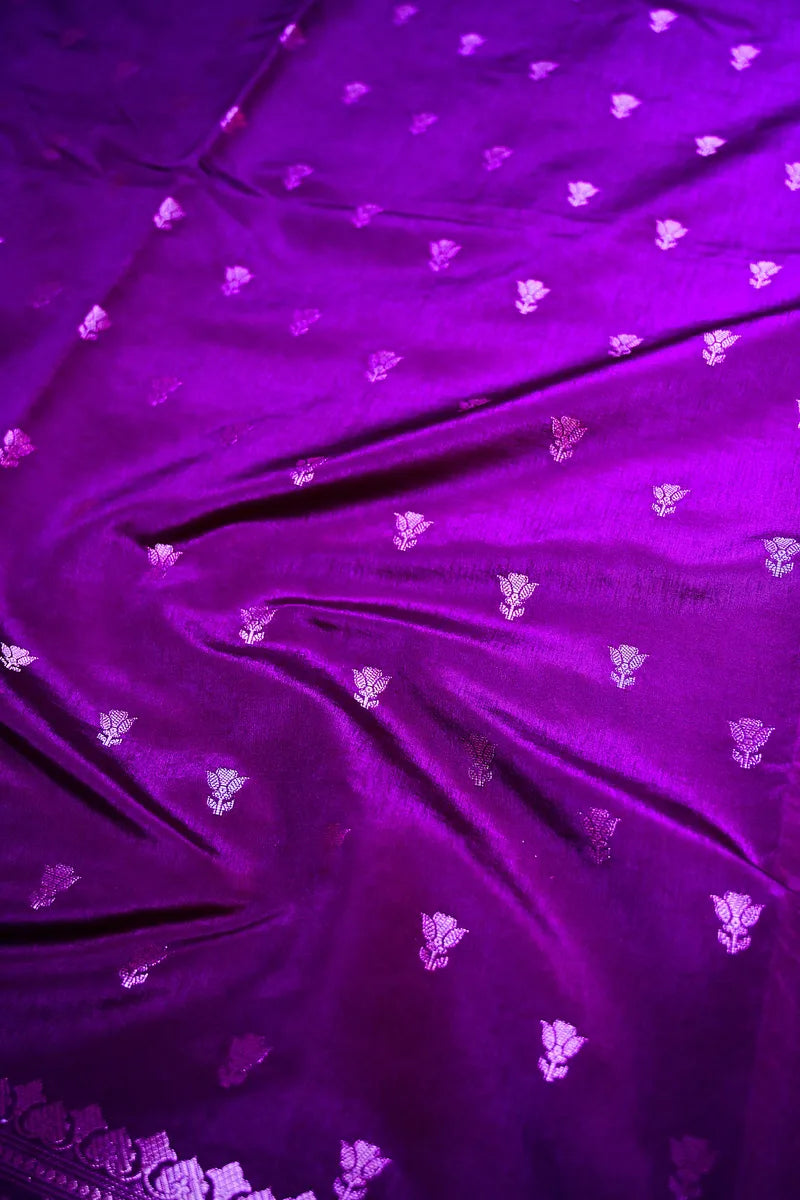 Deep Purple Banarasi Silk Saree with Silver Zari Floral Bootis & Mandala Border(RLSS-235)
