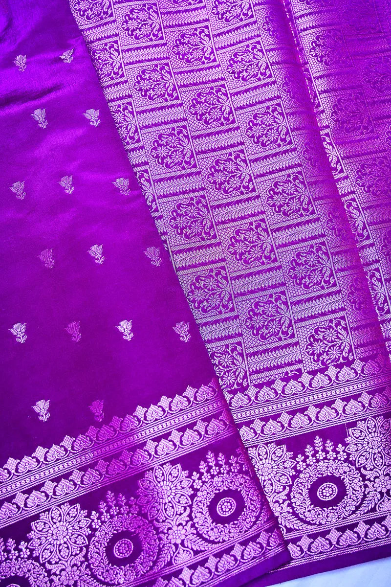 Deep Purple Banarasi Silk Saree with Silver Zari Floral Bootis & Mandala Border(RLSS-235)
