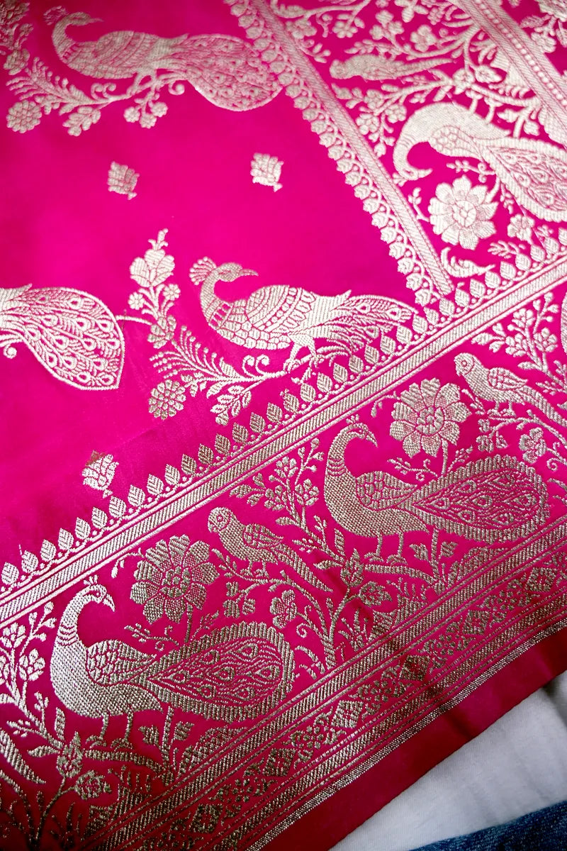 Rani Pink Banarasi Silk Saree with Silver Zari Mayur (Peacock) Jaal(RLSS-283)