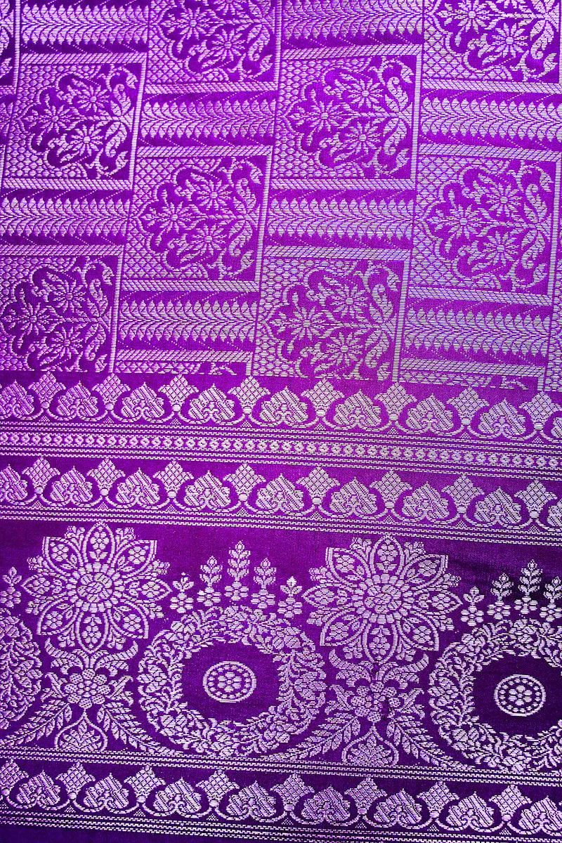 Deep Purple Banarasi Silk Saree with Silver Zari Floral Bootis & Mandala Border(RLSS-235)