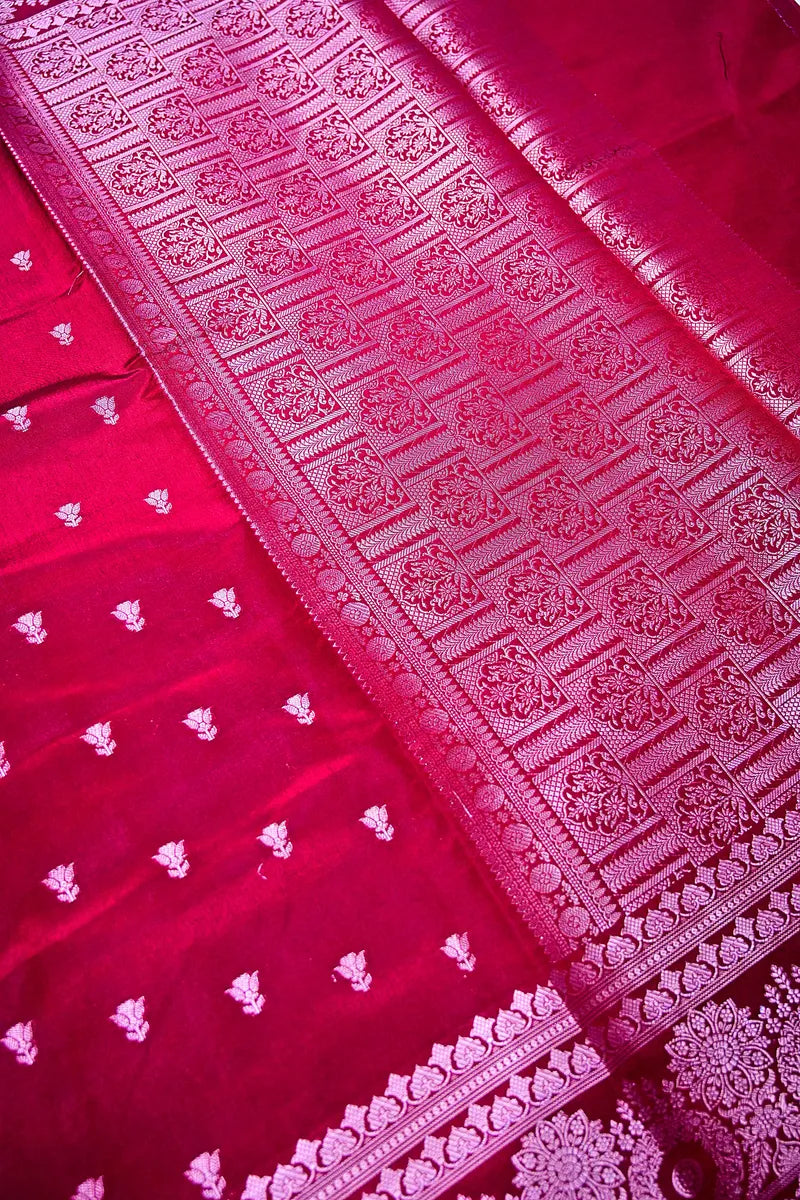 Crimson Red Banarasi Silk Saree with Silver Zari Floral Bootis & Mandala Border(RLSS-234)