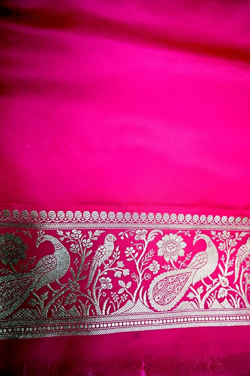 Rani Pink Banarasi Silk Saree with Silver Zari Mayur (Peacock) Jaal(RLSS-283)