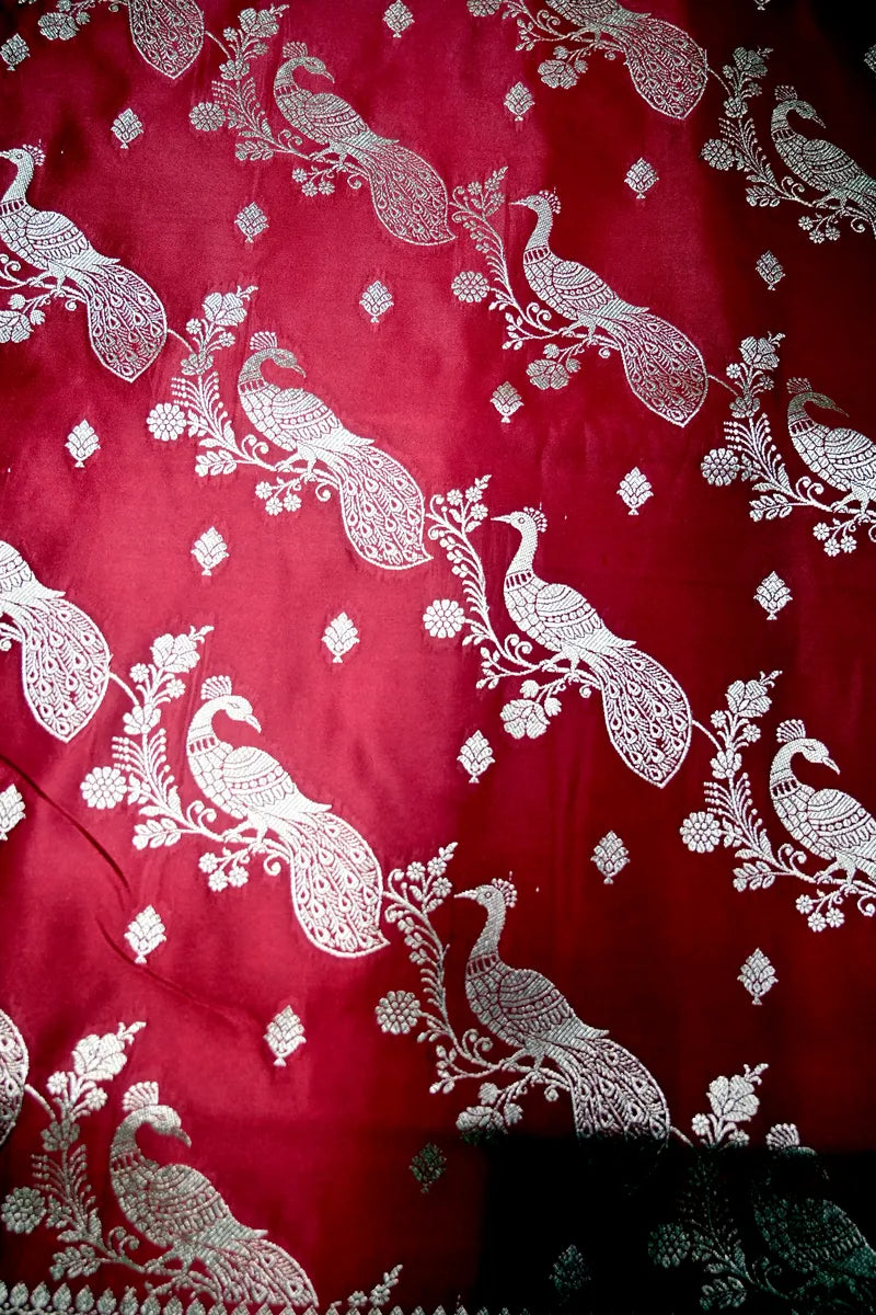 Brick Red Banarasi Silk Saree with Silver Zari Mayur (Peacock) Jaal(RLSS-289)