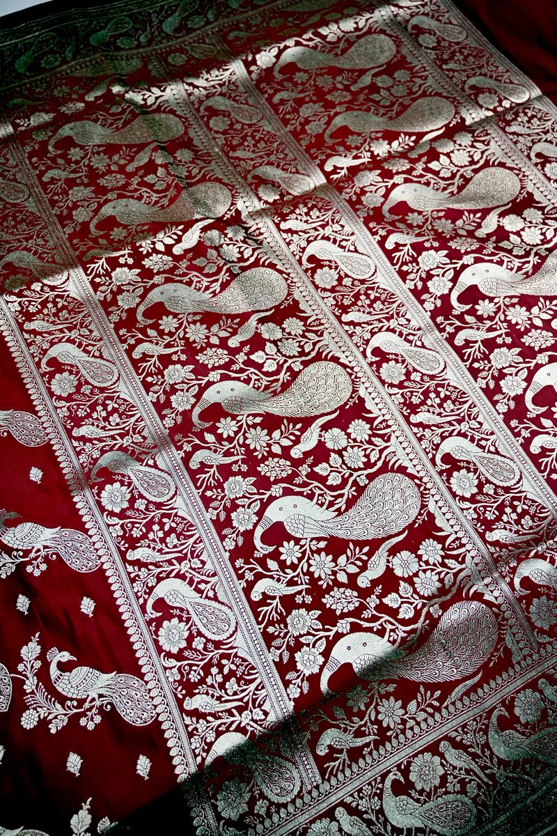 Brick Red Banarasi Silk Saree with Silver Zari Mayur (Peacock) Jaal(RLSS-289)