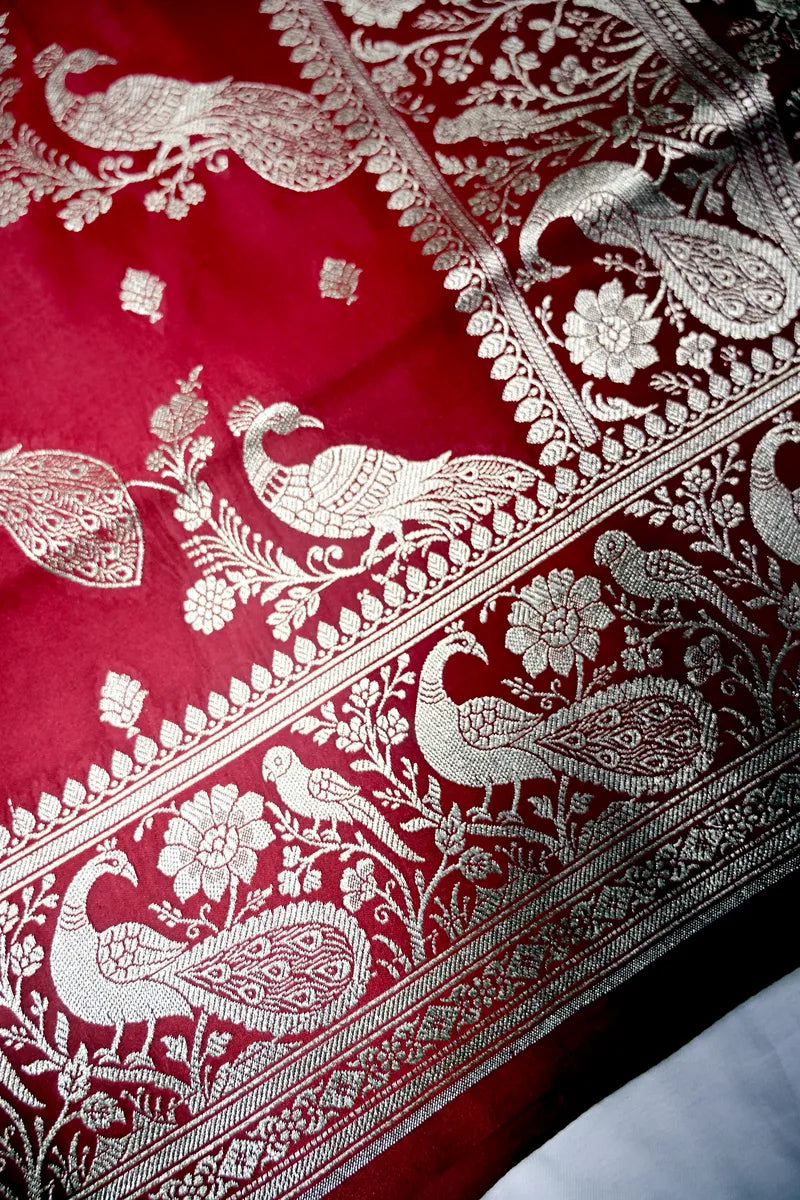 Brick Red Banarasi Silk Saree with Silver Zari Mayur (Peacock) Jaal(RLSS-289)