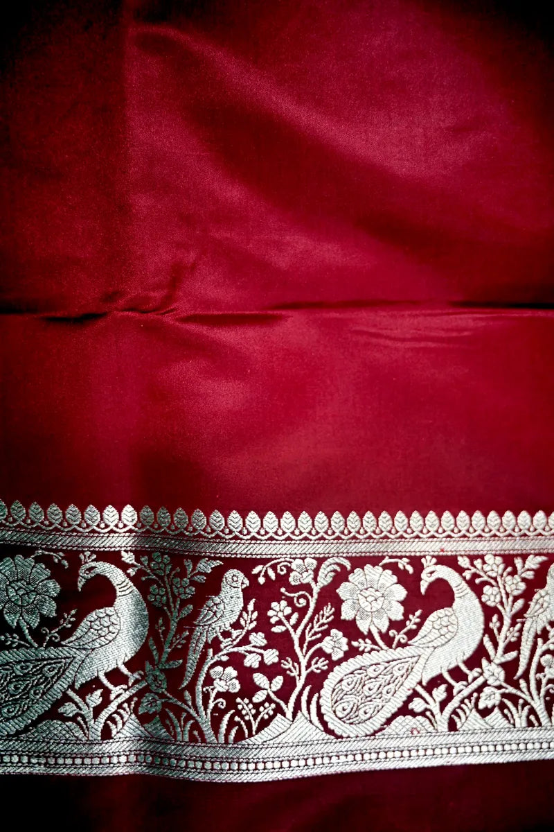 Brick Red Banarasi Silk Saree with Silver Zari Mayur (Peacock) Jaal(RLSS-289)