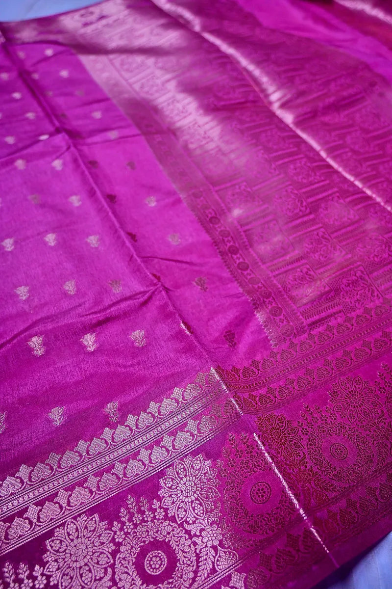 Rani Pink Banarasi Silk Saree with Silver Zari Floral Bootis & Mandala Border(RLSS-237)