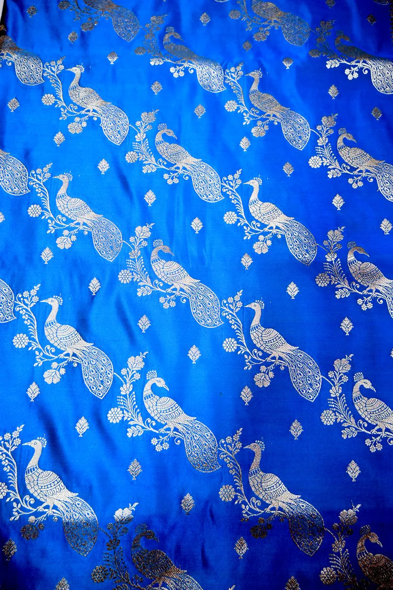 Sky Blue Banarasi Kataan Silk Saree with Silver Zari Mayur (Peacock) Jaal (RLSS-291)