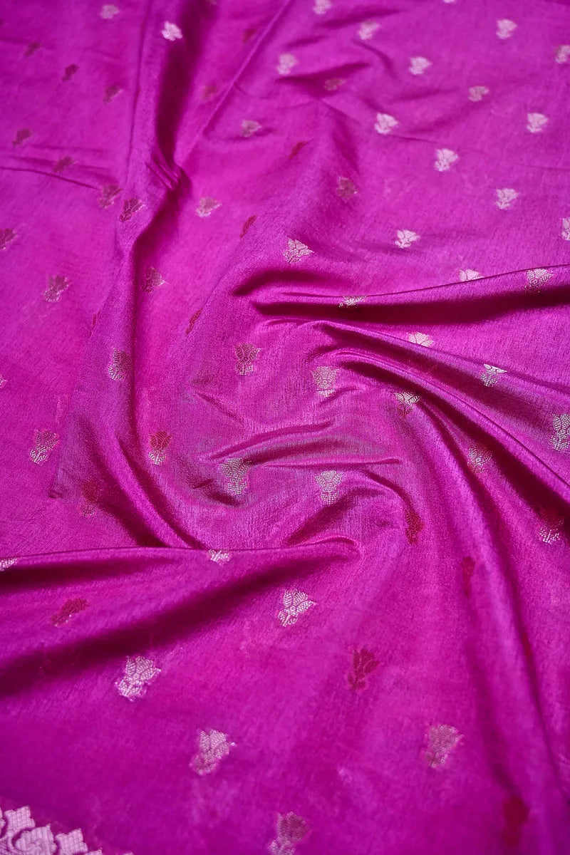 Rani Pink Banarasi Silk Saree with Silver Zari Floral Bootis & Mandala Border(RLSS-237)