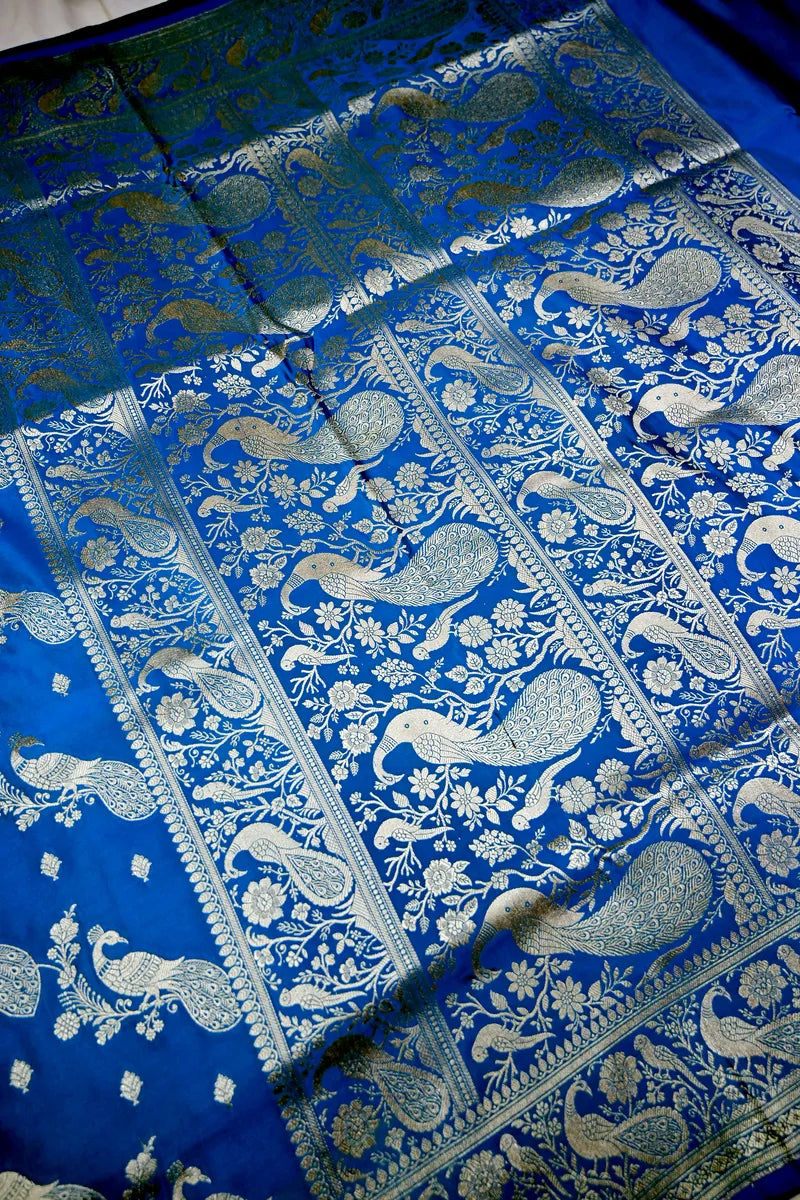 Sky Blue Banarasi Kataan Silk Saree with Silver Zari Mayur (Peacock) Jaal (RLSS-291)