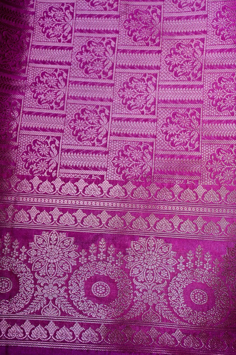 Rani Pink Banarasi Silk Saree with Silver Zari Floral Bootis & Mandala Border(RLSS-237)