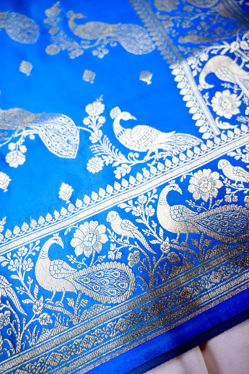 Sky Blue Banarasi Kataan Silk Saree with Silver Zari Mayur (Peacock) Jaal (RLSS-291)