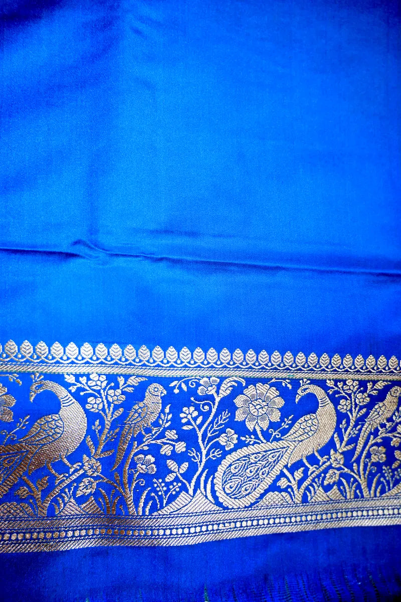 Sky Blue Banarasi Kataan Silk Saree with Silver Zari Mayur (Peacock) Jaal (RLSS-291)