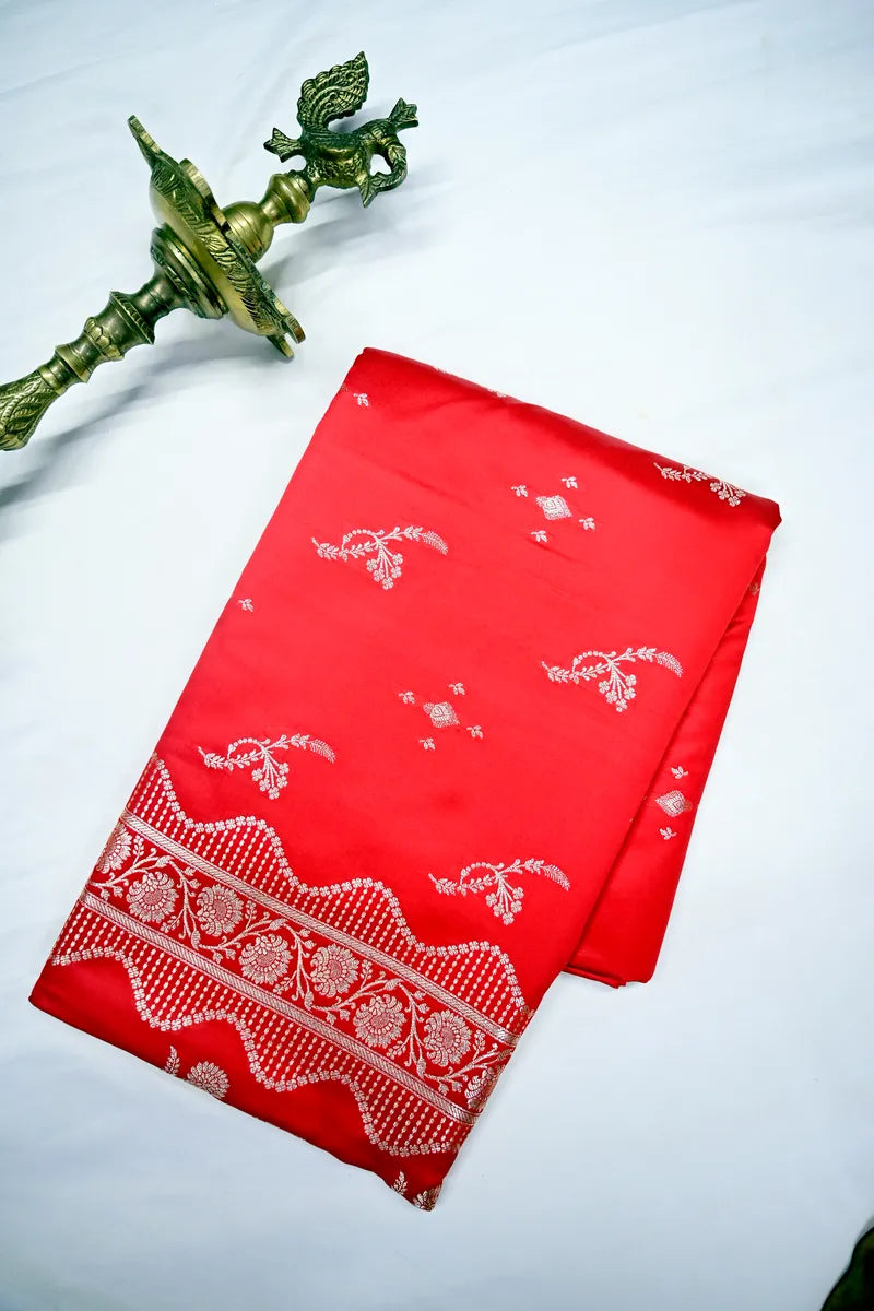 Tomato Red Banarasi Kataan Silk Saree with Scalloped Silver Zari Floral Border (RLSS-292)
