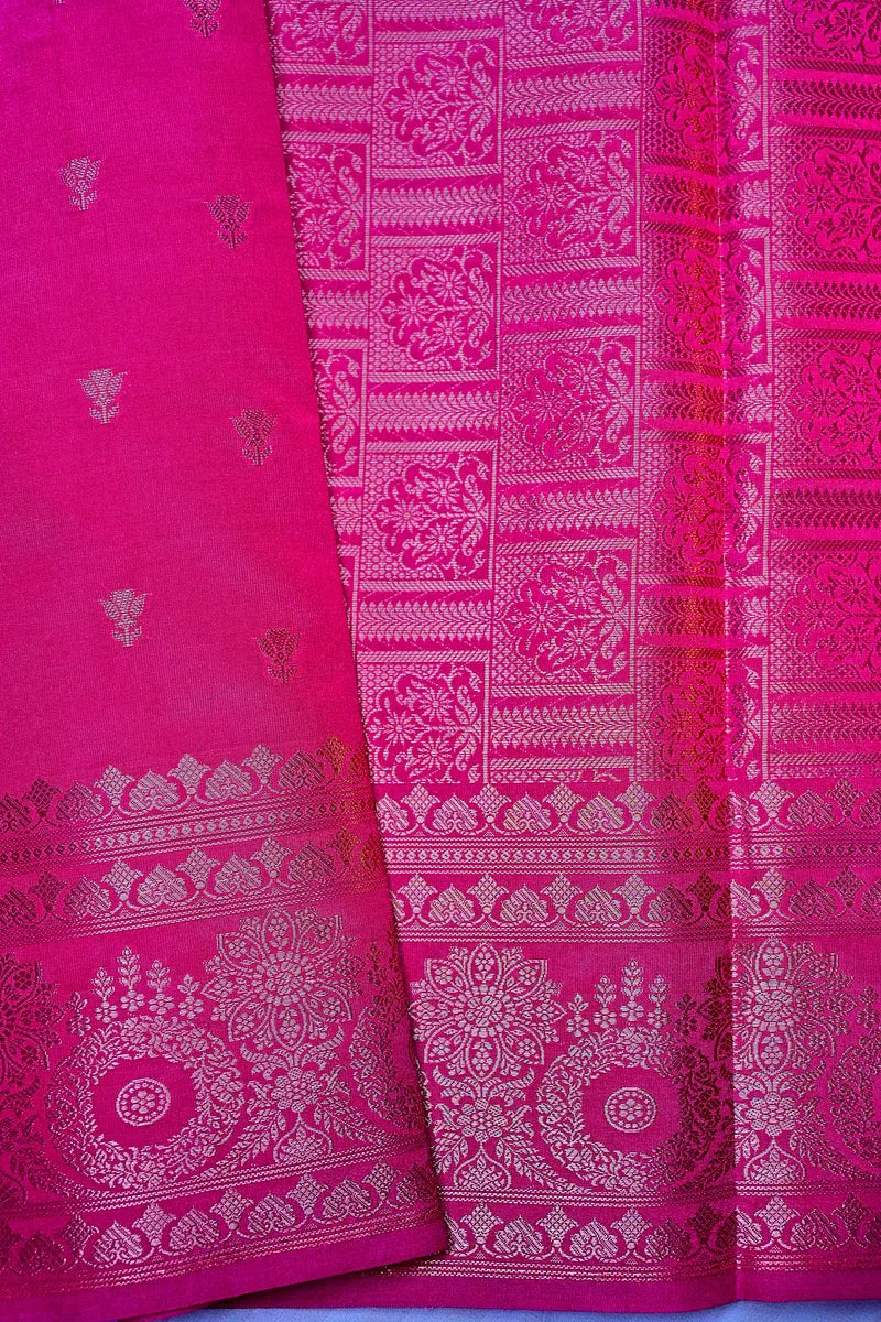 Hot Pink Banarasi Silk Saree with Silver Zari Floral Bootis & Mandala Border(RLSS-241)
