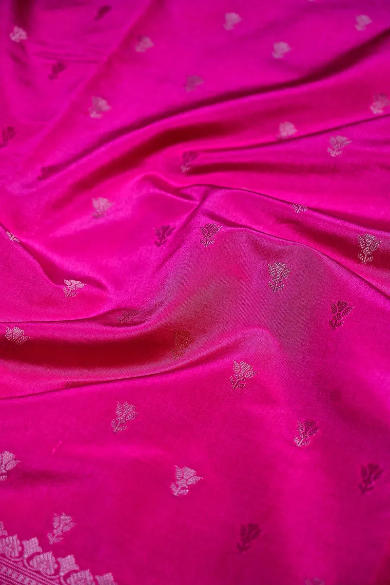 Hot Pink Banarasi Silk Saree with Silver Zari Floral Bootis & Mandala Border(RLSS-241)