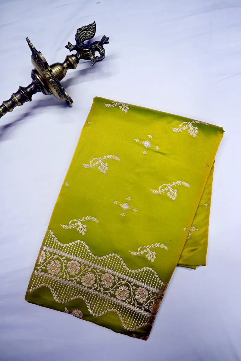 Chartreuse Green Katan Silk Saree Featuring Floral Twig Butis & Scallop Jaal Border (RLSS-290)