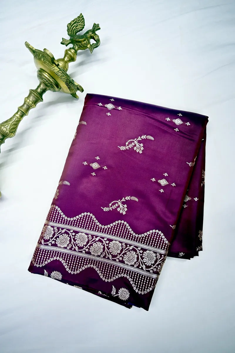 Deep Wine Plum Banarasi Silk Saree with Scalloped Silver Zari Floral Border(RLSS-288)