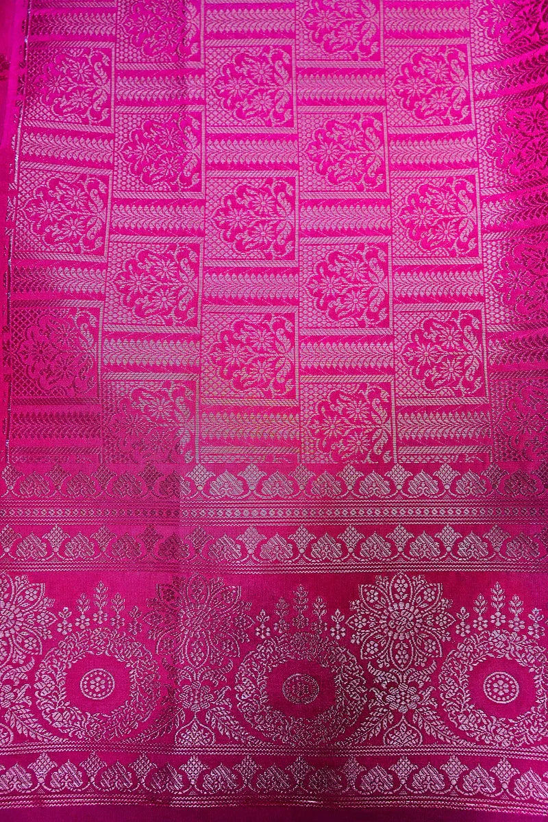 Hot Pink Banarasi Silk Saree with Silver Zari Floral Bootis & Mandala Border(RLSS-241)