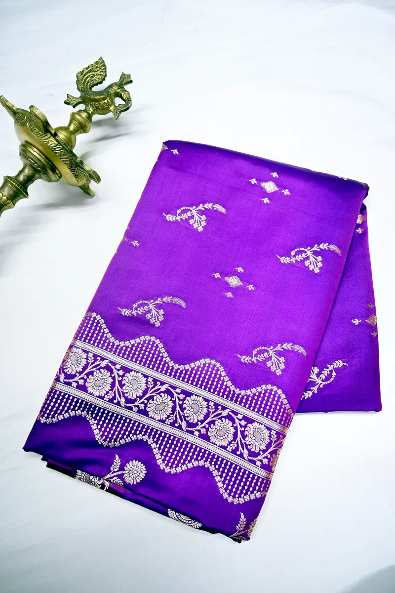 Royal Purple Banarasi Silk Saree with Scalloped Golden Zari Floral Border (RLSS-285)