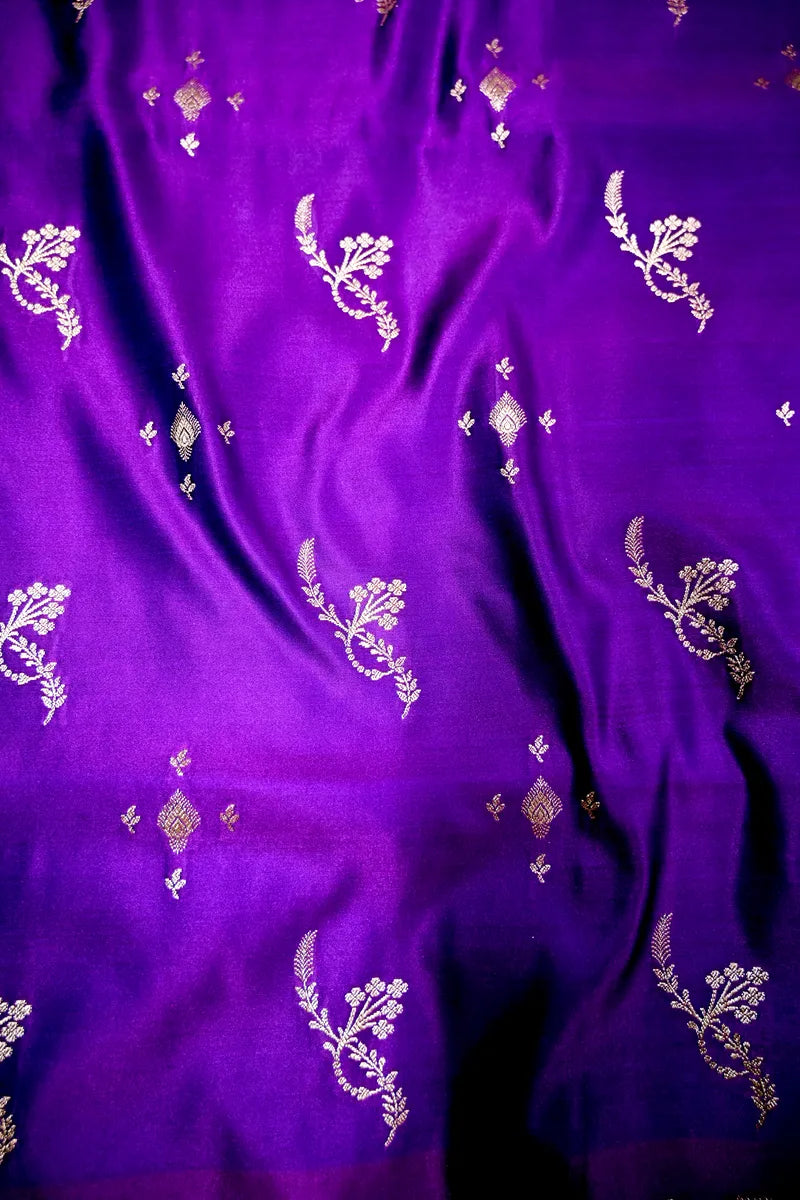 Royal Purple Banarasi Silk Saree with Scalloped Golden Zari Floral Border (RLSS-285)