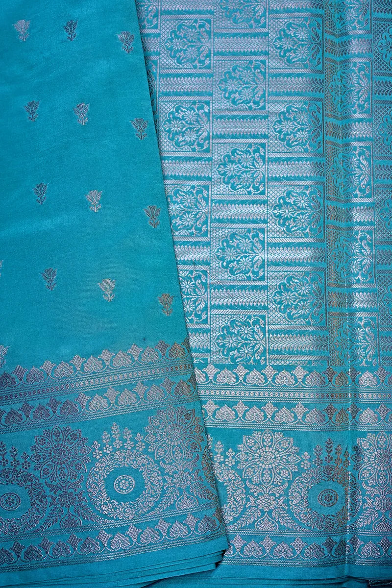 Powder Blue Banarasi Silk Saree with Silver Zari Floral Bootis & Mandala Border(RLSS-238)