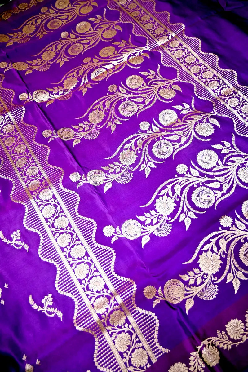 Royal Purple Banarasi Silk Saree with Scalloped Golden Zari Floral Border (RLSS-285)
