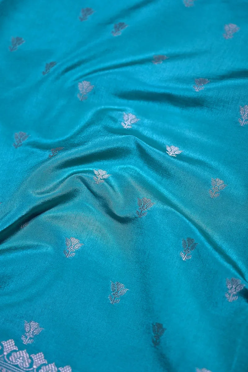 Powder Blue Banarasi Silk Saree with Silver Zari Floral Bootis & Mandala Border(RLSS-238)